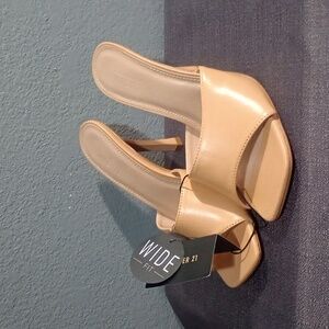 Open-toe, nude, slip-on, kittin heel sandals